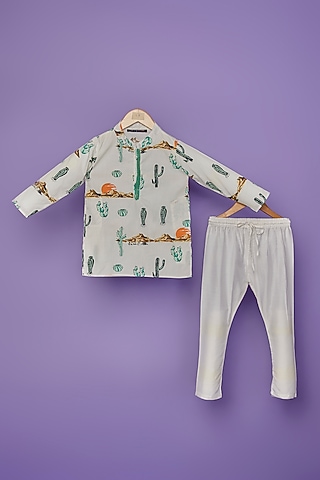 White Cotton Cactus Printed Kurta Set For Boys by Spring Break- Kids